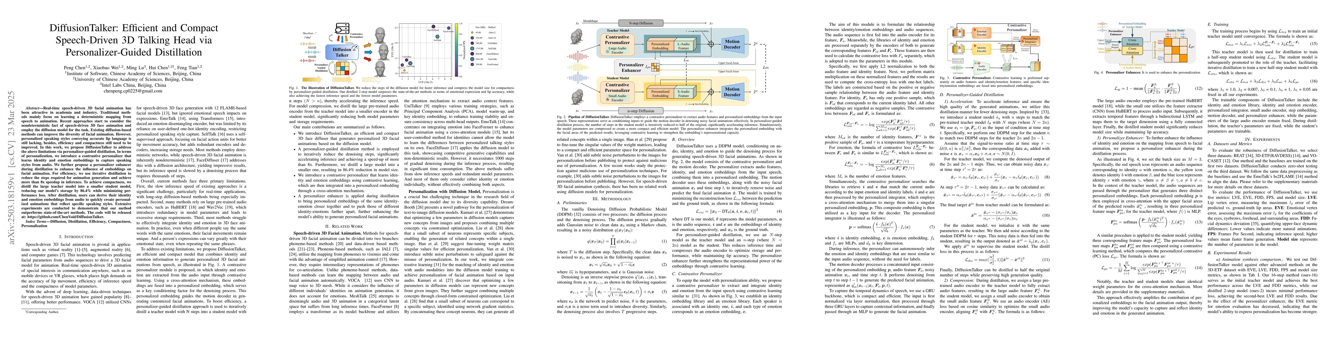 Thumbnail for DiffusionTalker: Efficient and Compact Speech-Driven 3D Talking Head via
  Personalizer-Guided Distillation
