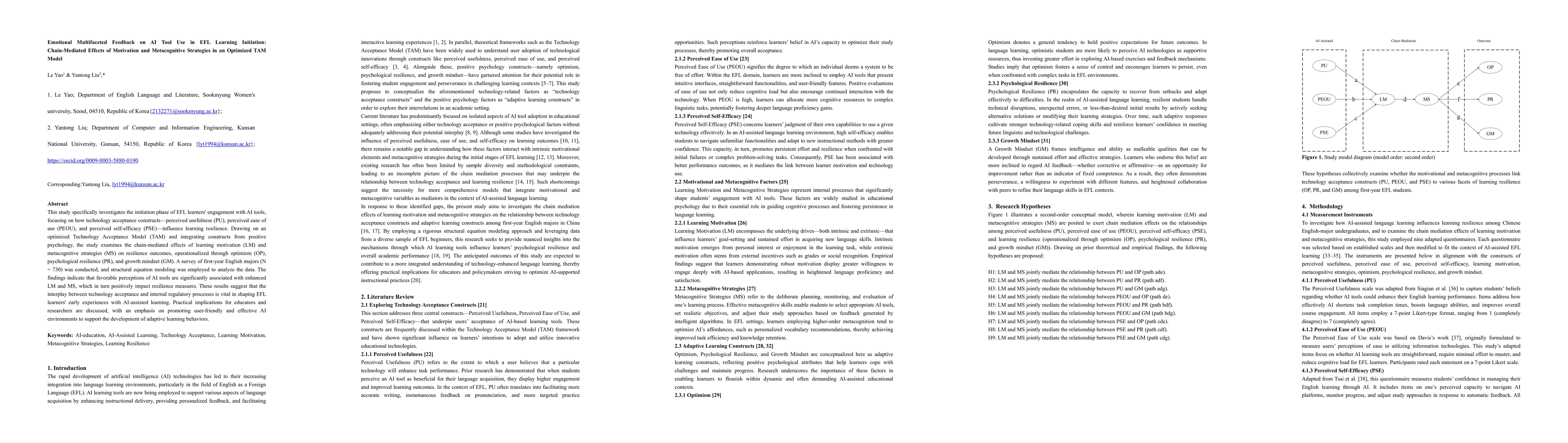Thumbnail for Emotional Multifaceted Feedback on AI Tool Use in EFL Learning
  Initiation: Chain-Mediated Effects of Motivation and Metacognitive Strategies
  in an Optimized TAM Model