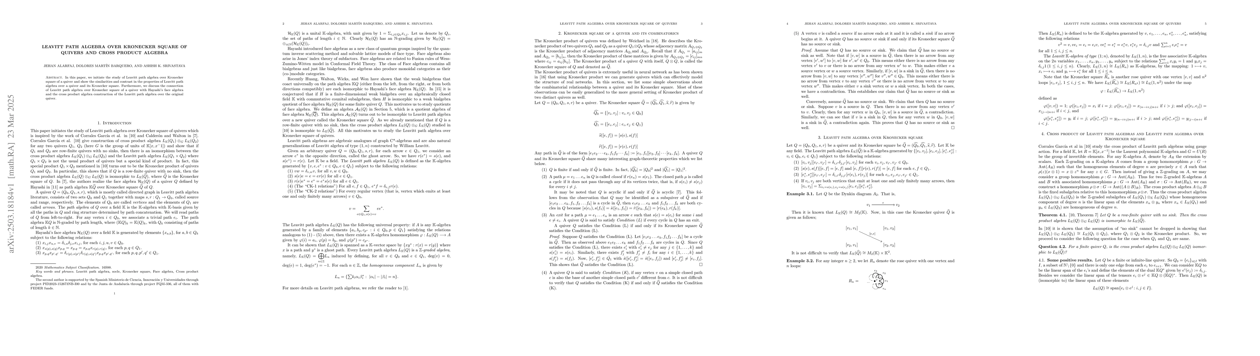 Thumbnail for Leavitt Path Algebra over Kronecker Square of Quivers and Cross product
  algebra