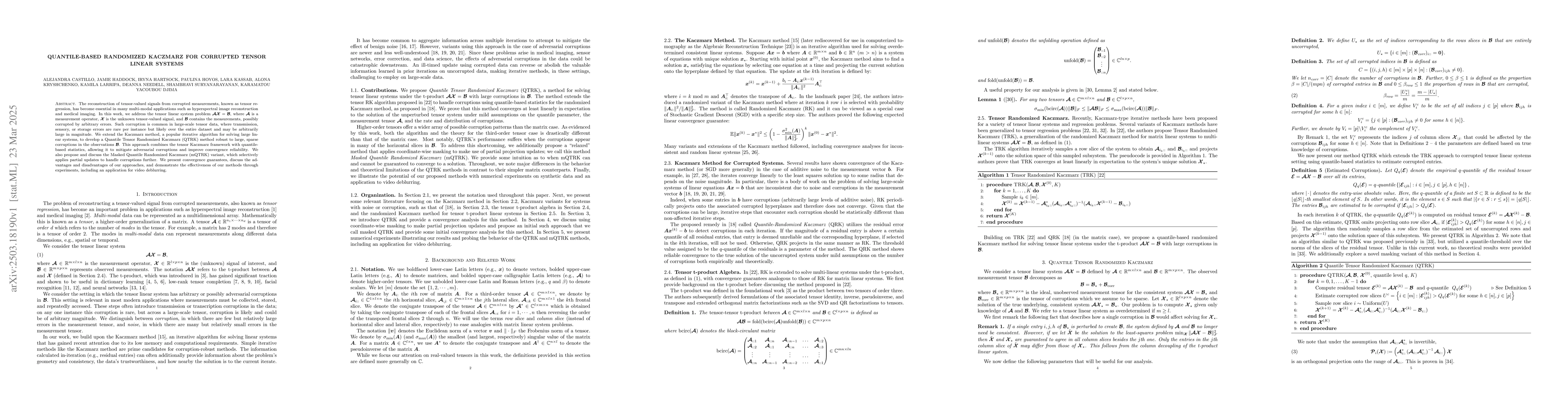 Thumbnail for Quantile-Based Randomized Kaczmarz for Corrupted Tensor Linear Systems