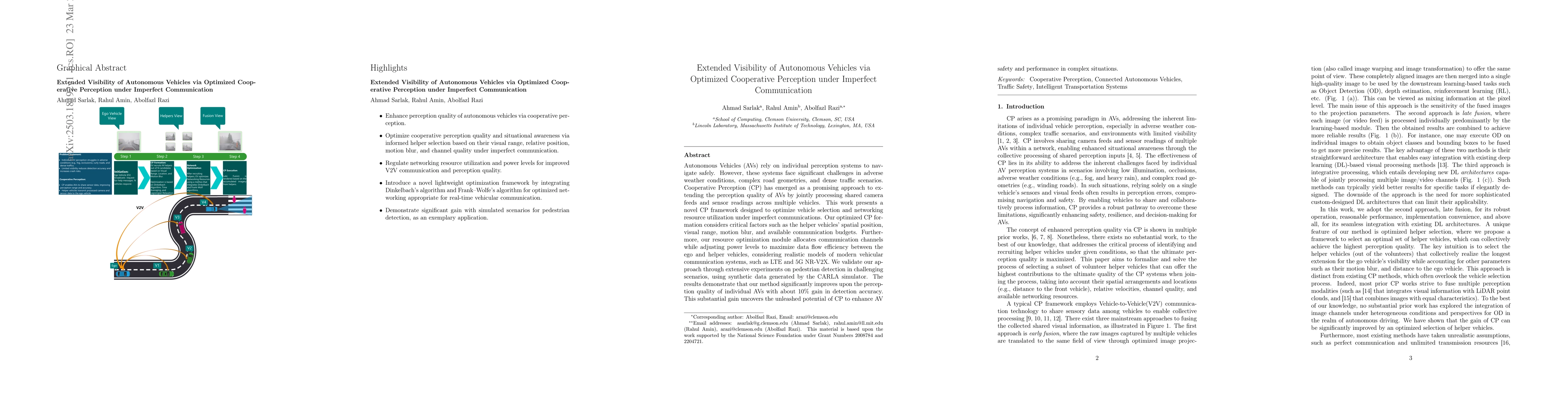 Thumbnail for Extended Visibility of Autonomous Vehicles via Optimized Cooperative
  Perception under Imperfect Communication