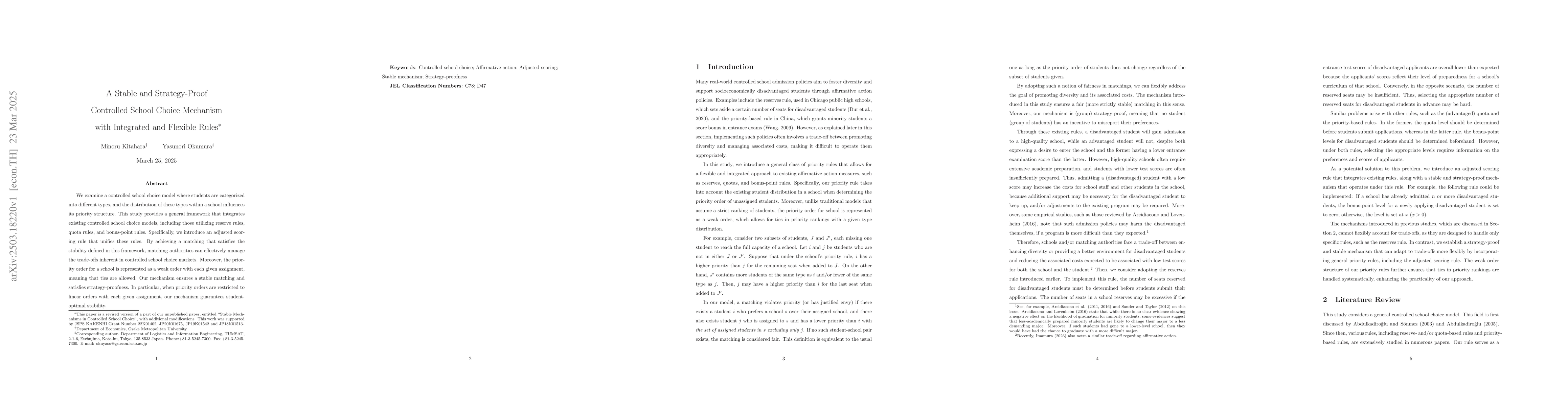 Thumbnail for A Stable and Strategy-Proof Controlled School Choice Mechanism with
  Integrated and Flexible Rules