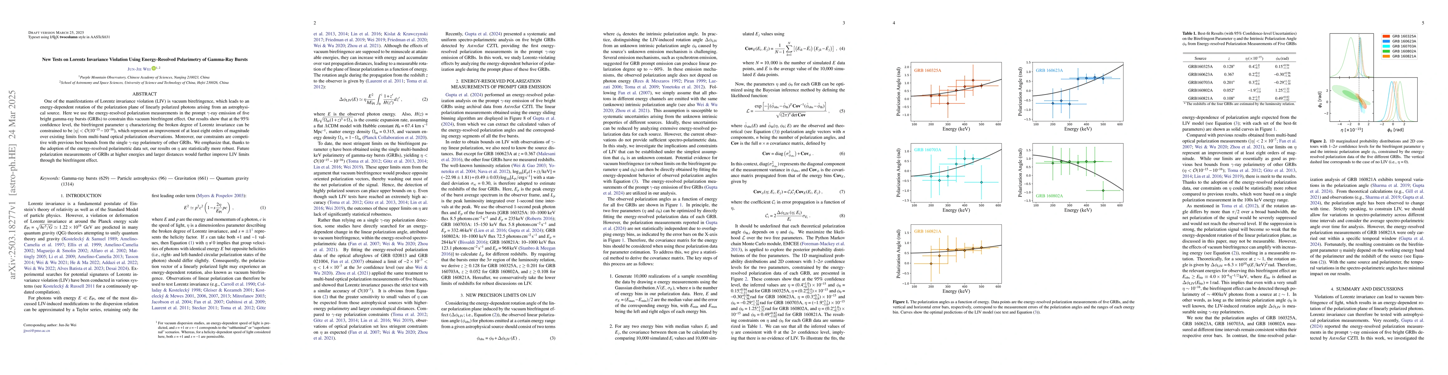 Thumbnail for New Tests on Lorentz Invariance Violation Using Energy-Resolved
  Polarimetry of Gamma-Ray Bursts