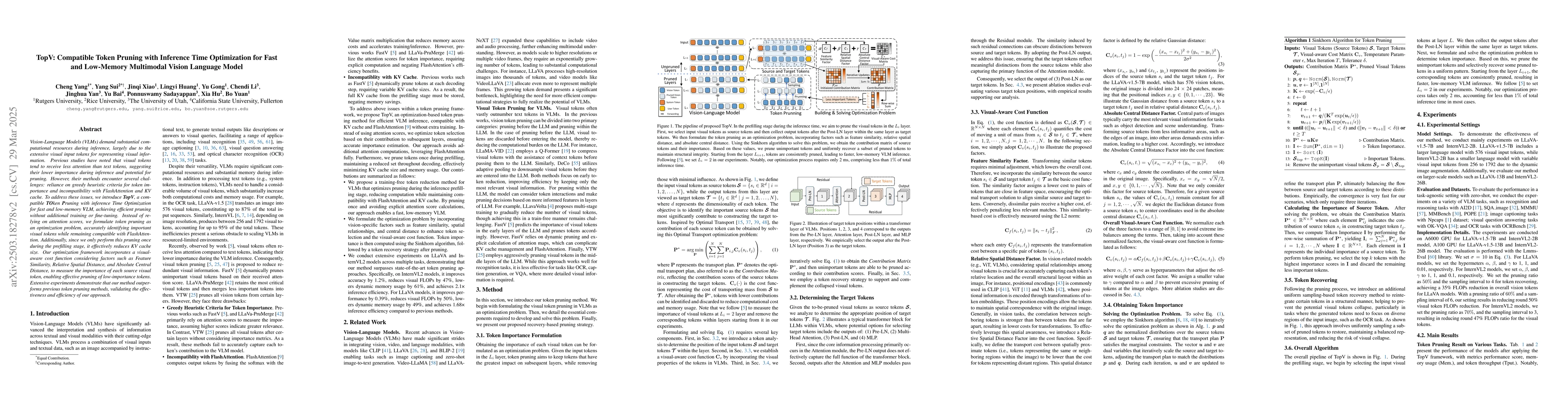 Thumbnail for TopV: Compatible Token Pruning with Inference Time Optimization for Fast
  and Low-Memory Multimodal Vision Language Model