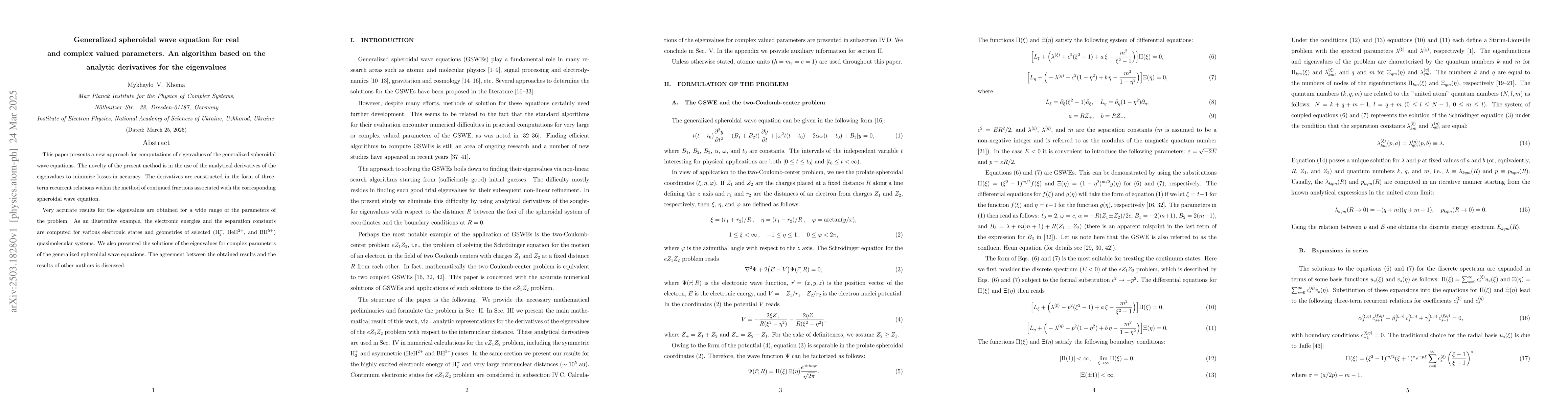 Thumbnail for Generalized spheroidal wave equation for real and complex valued
  parameters. An algorithm based on the analytic derivatives for the
  eigenvalues