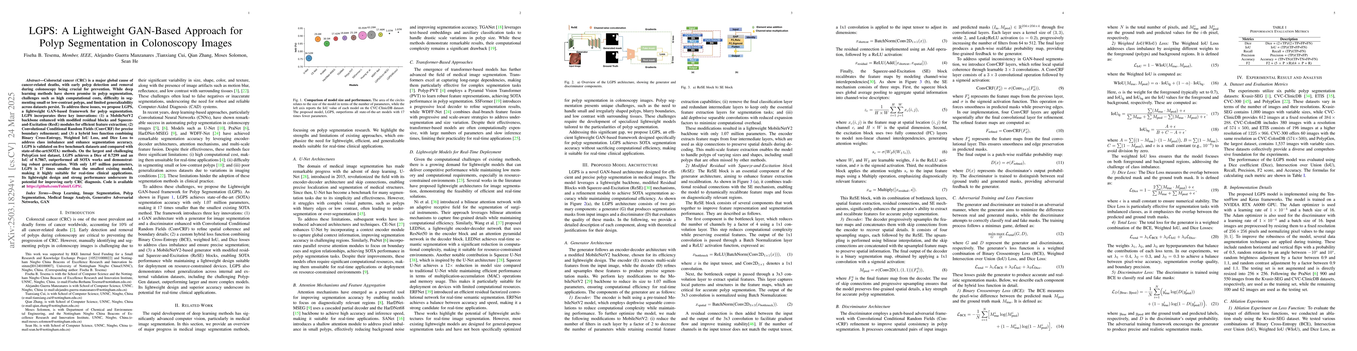 Thumbnail for LGPS: A Lightweight GAN-Based Approach for Polyp Segmentation in
  Colonoscopy Images