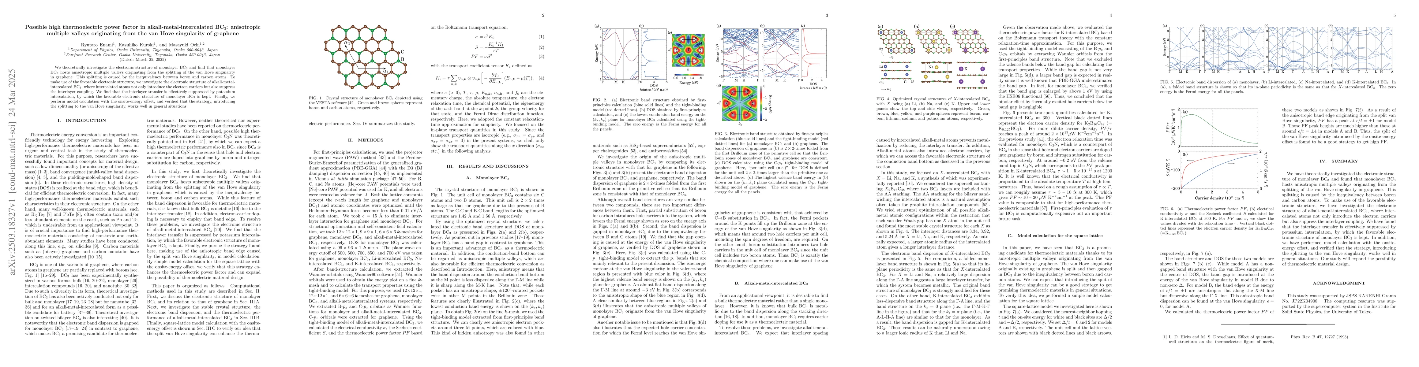 Thumbnail for Possible high thermoelectric power factor in alkali-metal-intercalated
  BC$_3$: anisotropic multiple valleys originating from the van Hove
  singularity of graphene