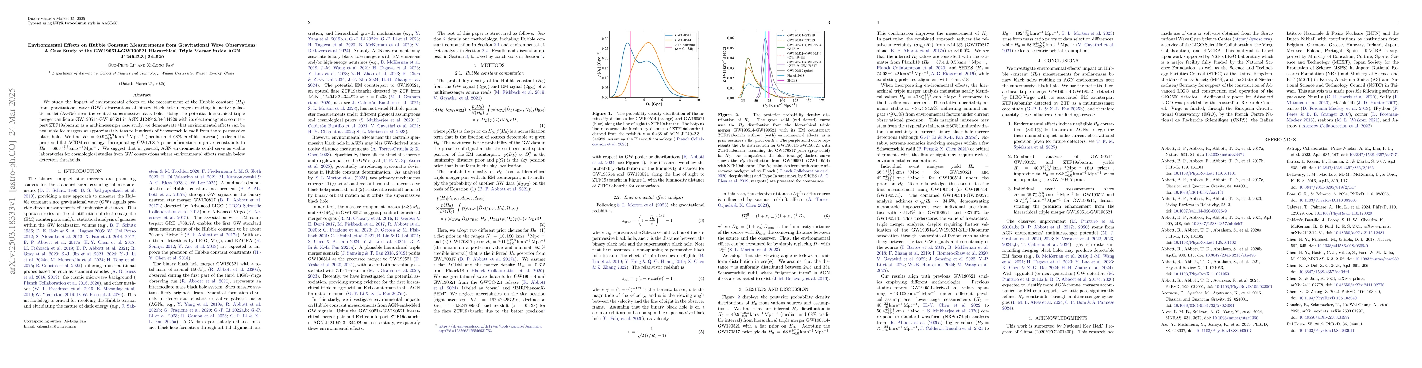 Thumbnail for Environmental Effects on Hubble Constant Measurements from Gravitational
  Wave Observations: A Case Study of the GW190514-GW190521 Hierarchical Triple
  Merger inside AGN J124942.3+344929