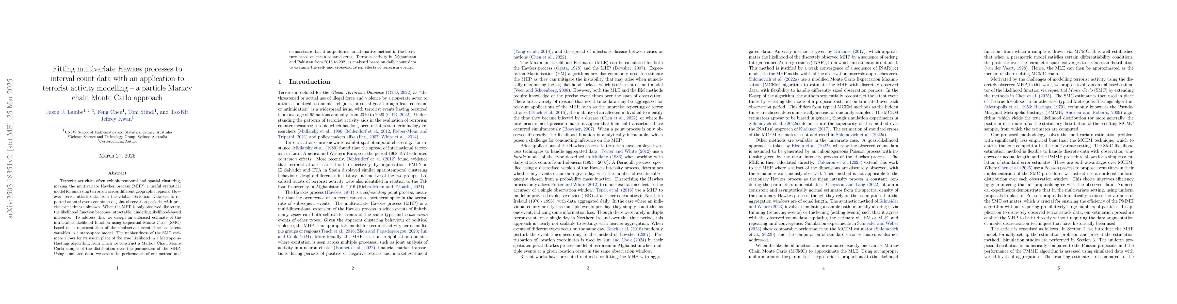 Thumbnail for Fitting multivariate Hawkes processes to interval count data with an
  application to terrorist activity modelling -- a particle Markov chain Monte
  Carlo approach