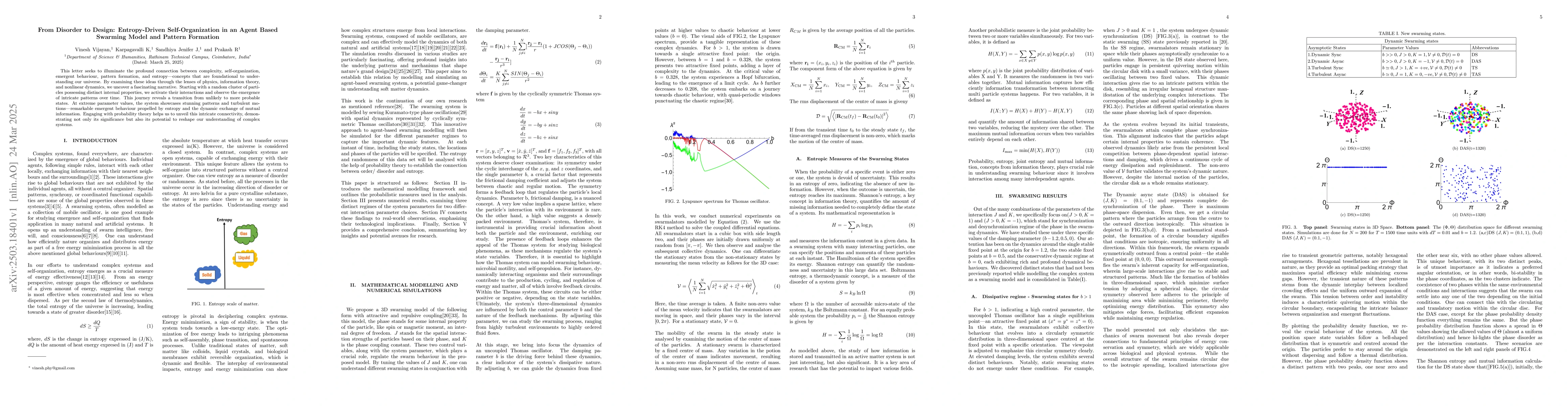 Thumbnail for From Disorder to Design: Entropy-Driven Self-Organization in an Agent
  Based Swarming Model and Pattern Formation
