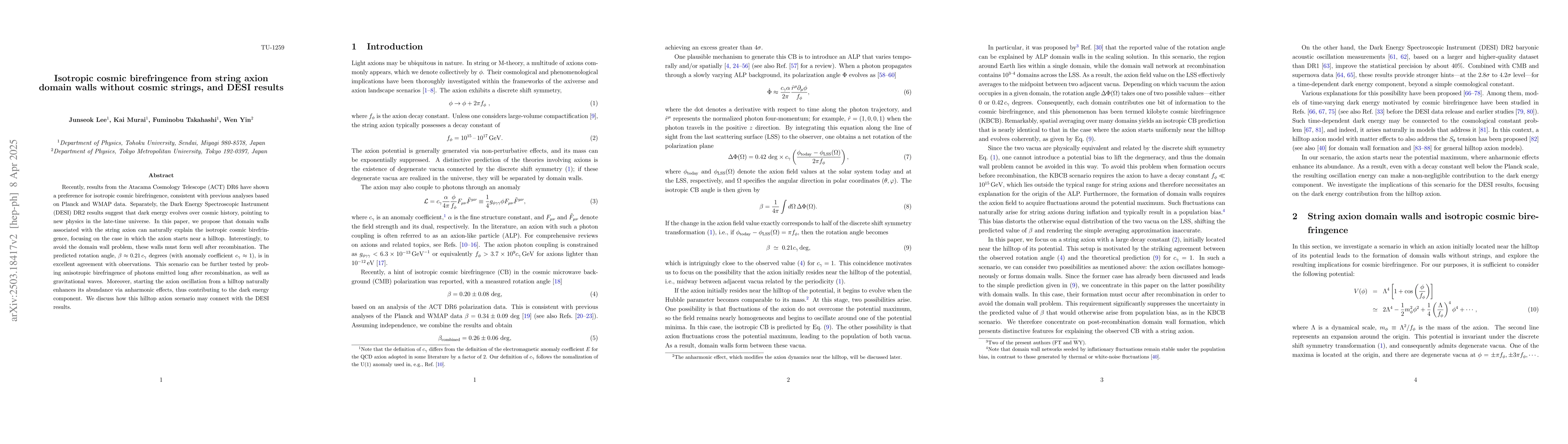 Thumbnail for Isotropic cosmic birefringence from string axion domain walls without
  cosmic strings, and DESI results