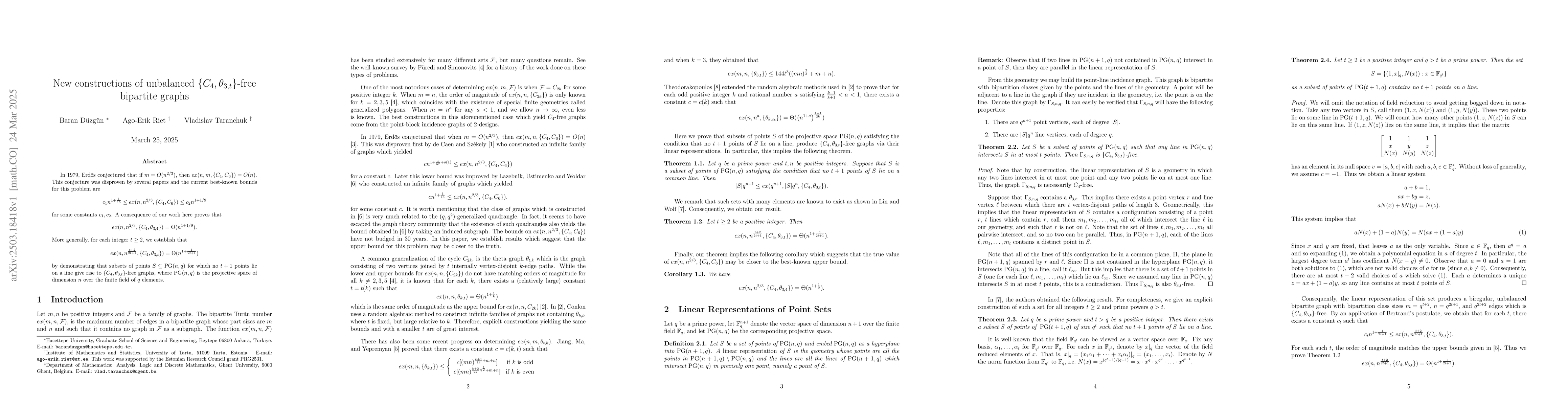 Thumbnail for New constructions of unbalanced $\{C_4,θ_{3, t}\}$-free bipartite
  graphs