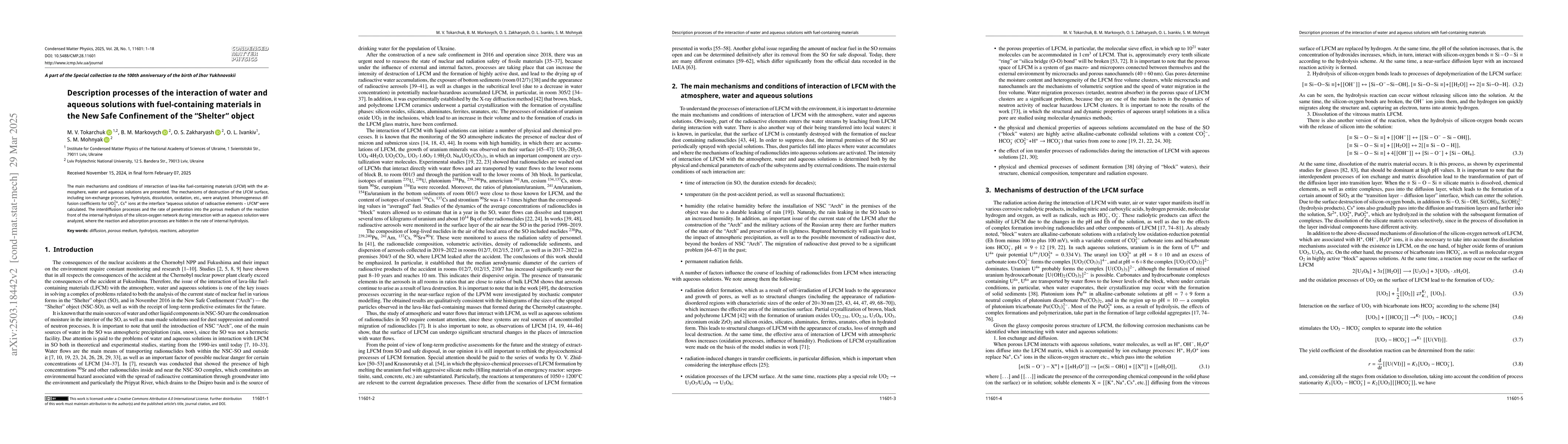 Thumbnail for Description processes of the interaction of water and aqueous solutions
  with fuel-containinig materials in the New Safe Confinement of the "Shelter''
  object