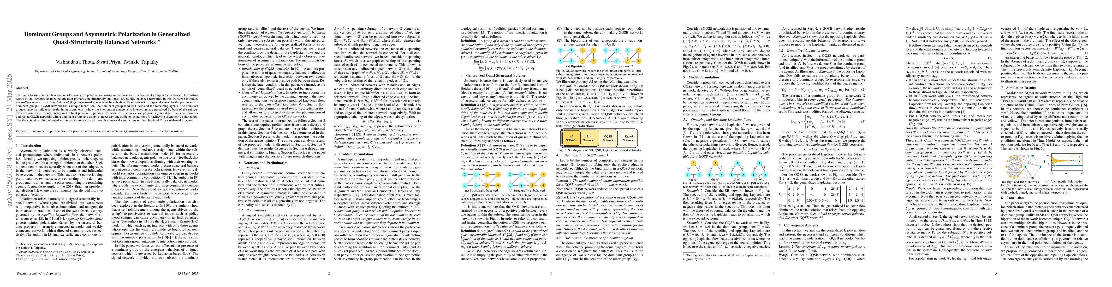 Thumbnail for Dominant Groups and Asymmetric Polarization in Generalized
  Quasi-Structurally Balanced Networks