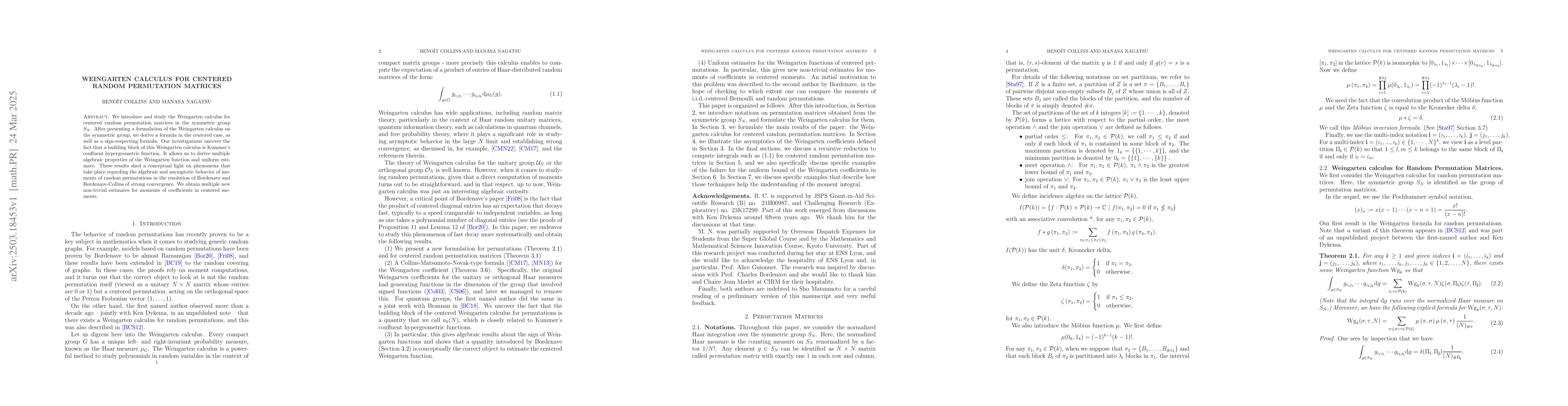 Thumbnail for Weingarten calculus for centered random permutation matrices