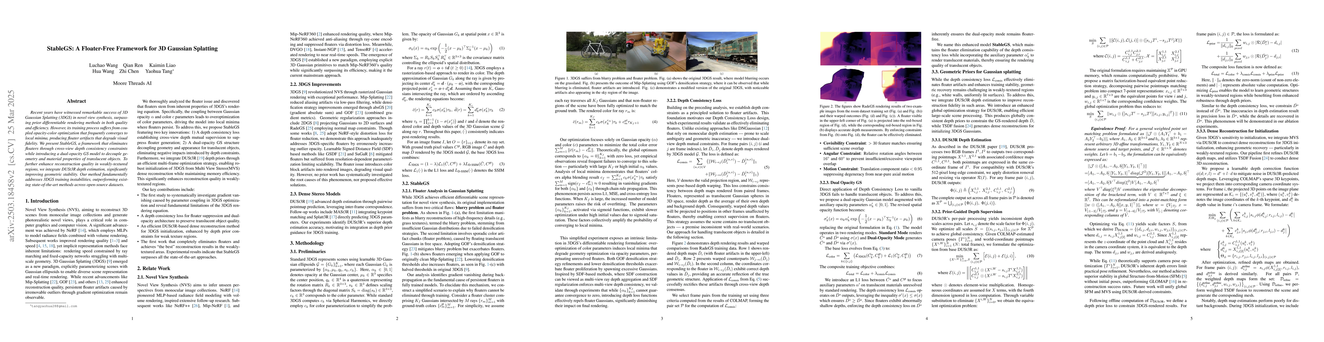 Thumbnail for StableGS: A Floater-Free Framework for 3D Gaussian Splatting