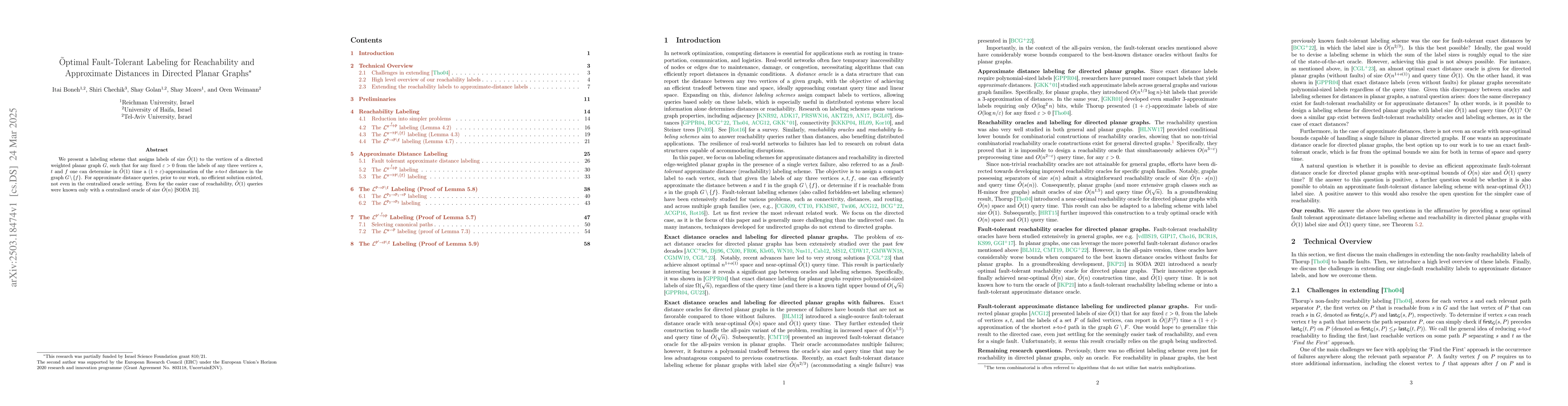 Thumbnail for Õptimal Fault-Tolerant Labeling for Reachability and Approximate
  Distances in Directed Planar Graphs