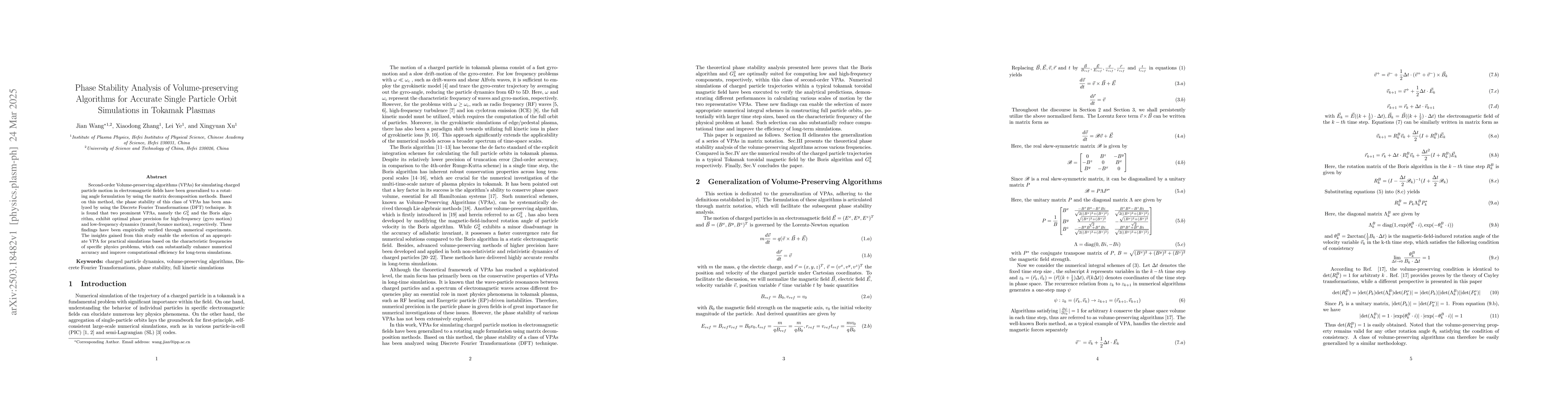 Thumbnail for Phase Stability Analysis of Volume-preserving Algorithms for Accurate
  Single Particle Orbit Simulations in Tokamak Plasmas