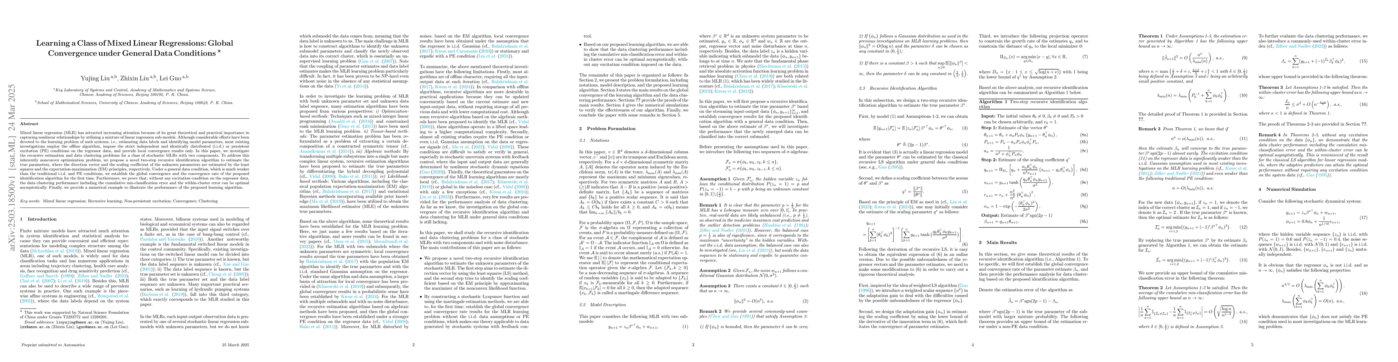 Thumbnail for Learning a Class of Mixed Linear Regressions: Global Convergence under
  General Data Conditions