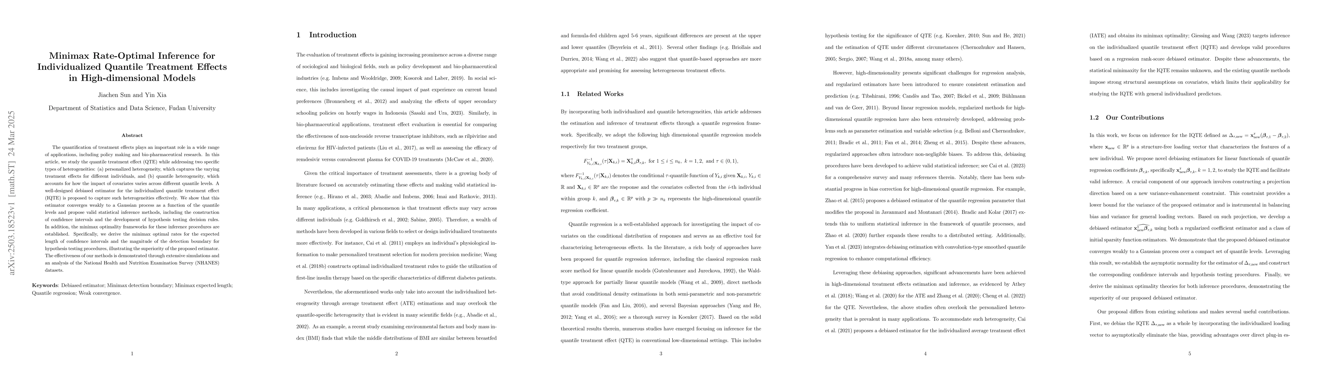 Thumbnail for Minimax Rate-Optimal Inference for Individualized Quantile Treatment
  Effects in High-dimensional Models