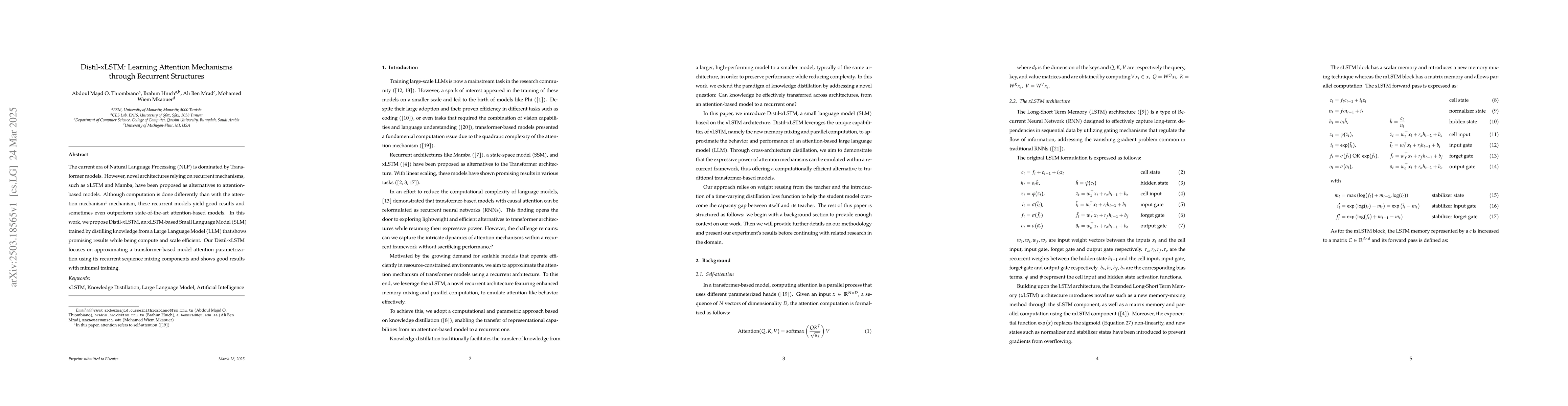 Thumbnail for Distil-xLSTM: Learning Attention Mechanisms through Recurrent Structures
