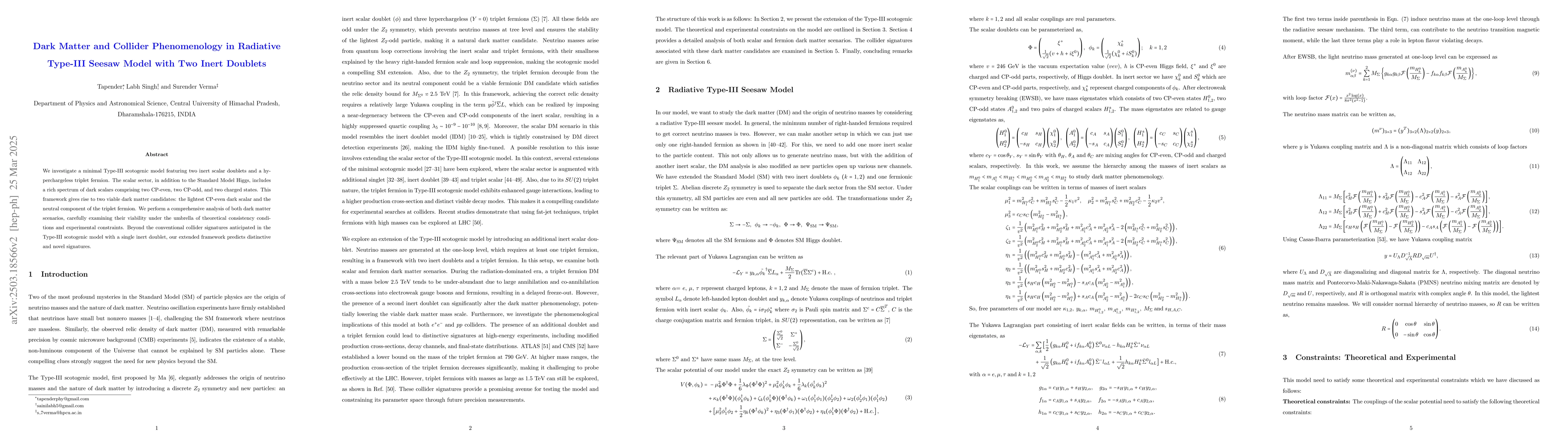 Thumbnail for Dark Matter and Collider Phenomenology in Radiative Type-III Seesaw
  Model with Two Inert Doublets