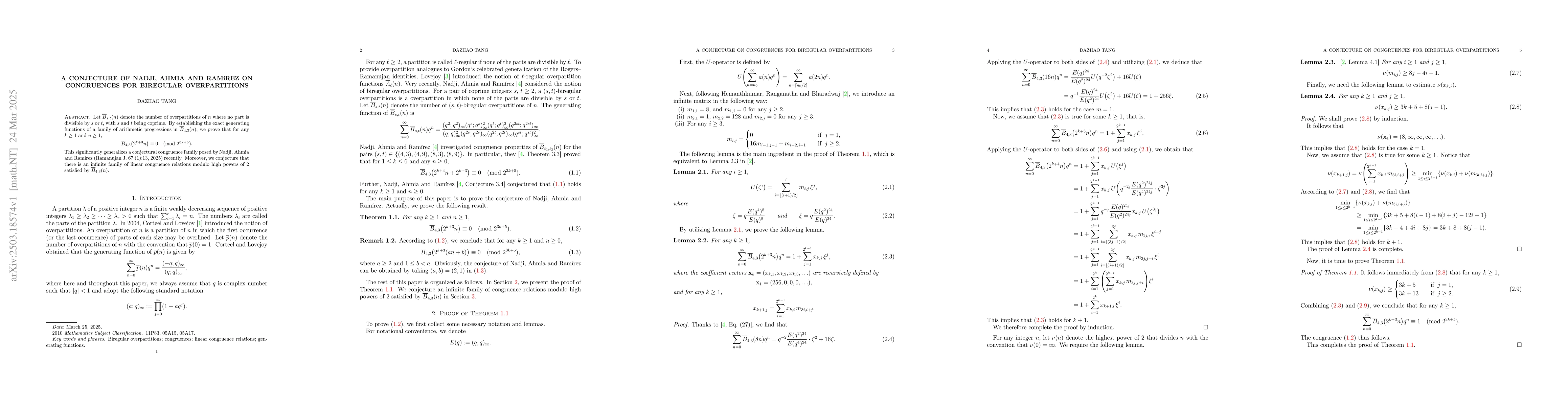 Thumbnail for A conjecture of Nadji, Ahmia and RamĂ­rez on congruences for
  biregular overpartitions