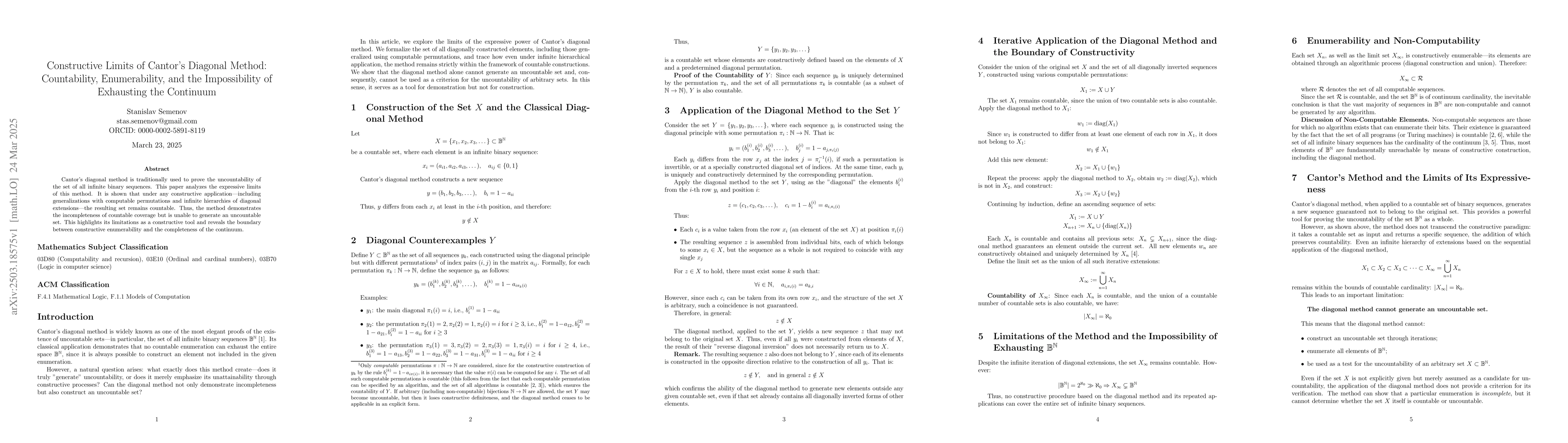 Thumbnail for Constructive Limits of Cantor's Diagonal Method: Countability,
  Enumerability, and the Impossibility of Exhausting the Continuum