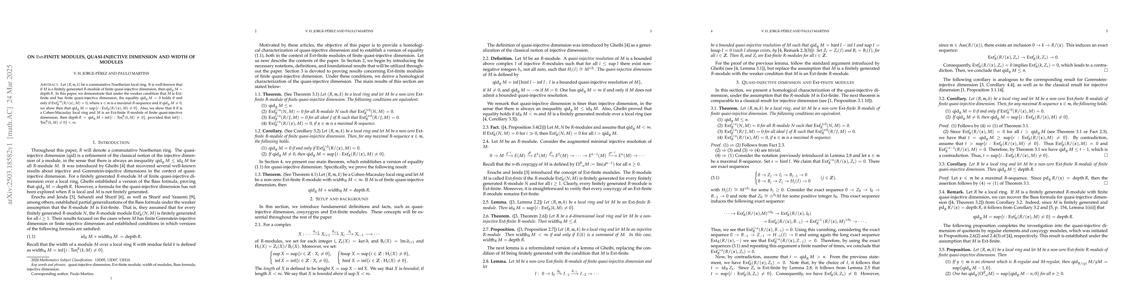 Thumbnail for On $\operatorname{Ext}$-finite modules, quasi-injective dimension and
  width of modules