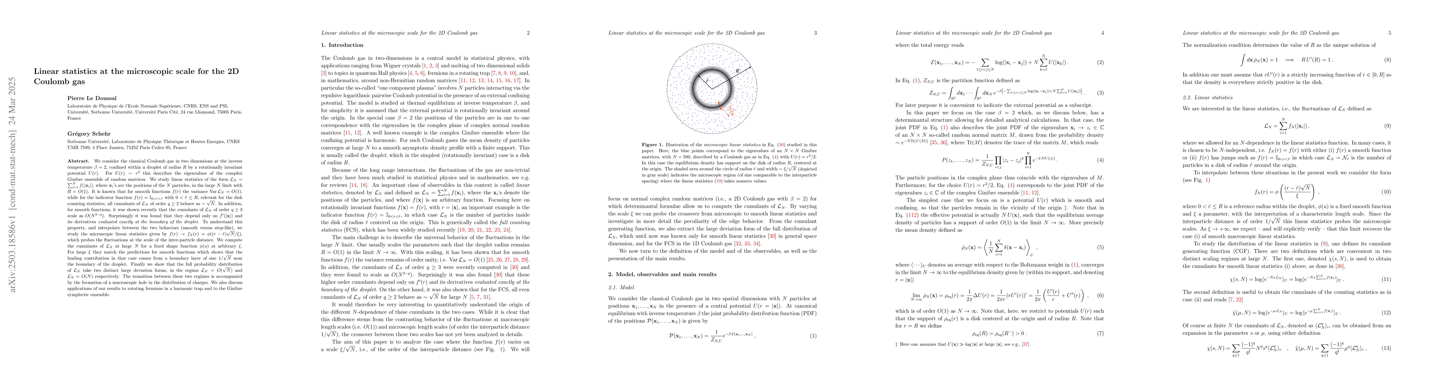 Thumbnail for Linear statistics at the microscopic scale for the 2D Coulomb gas