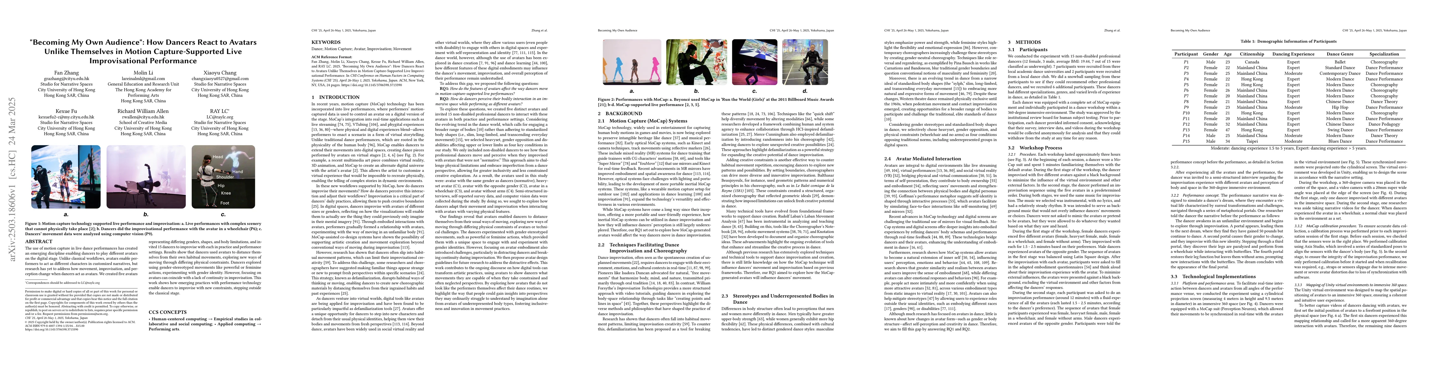 Thumbnail for "Becoming My Own Audience": How Dancers React to Avatars Unlike
  Themselves in Motion Capture-Supported Live Improvisational Performance