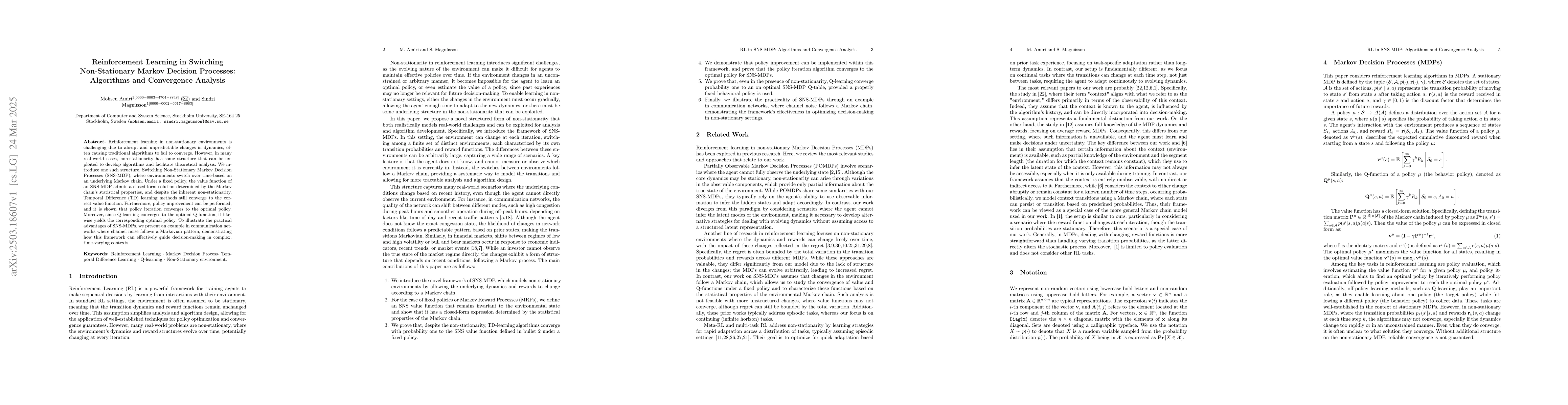 Thumbnail for Reinforcement Learning in Switching Non-Stationary Markov Decision
  Processes: Algorithms and Convergence Analysis