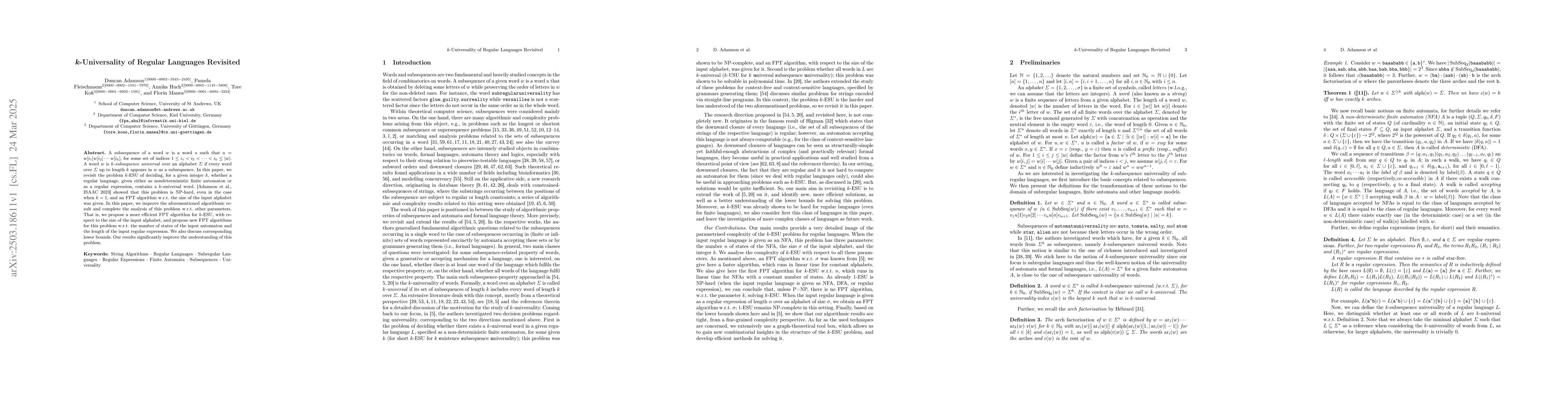 Thumbnail for $k$-Universality of Regular Languages Revisited