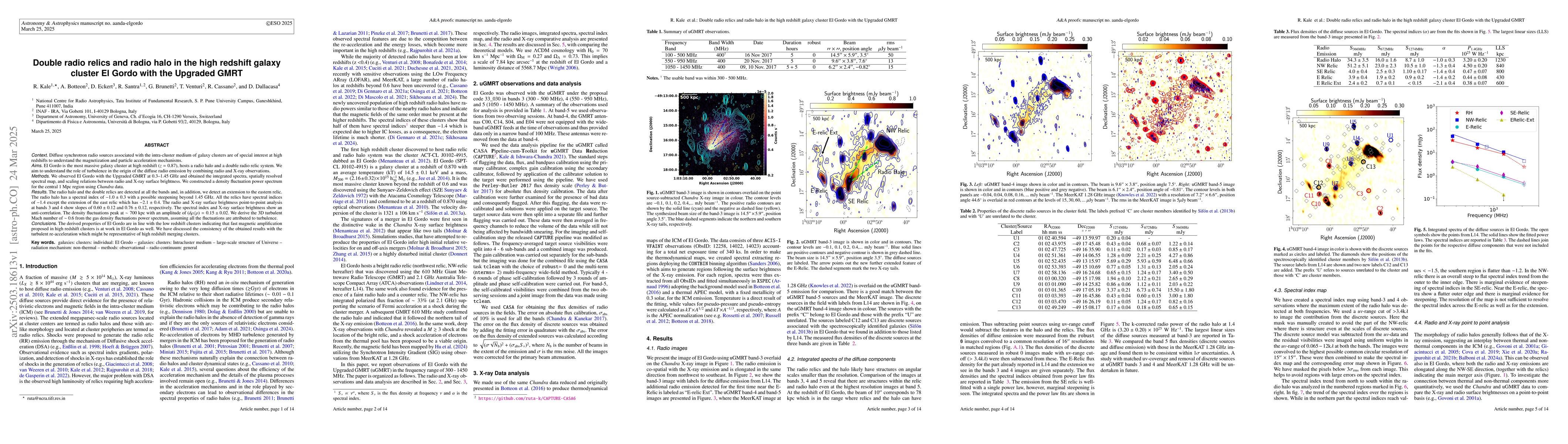 Thumbnail for Double radio relics and radio halo in the high redshift galaxy cluster
  El Gordo with the Upgraded GMRT