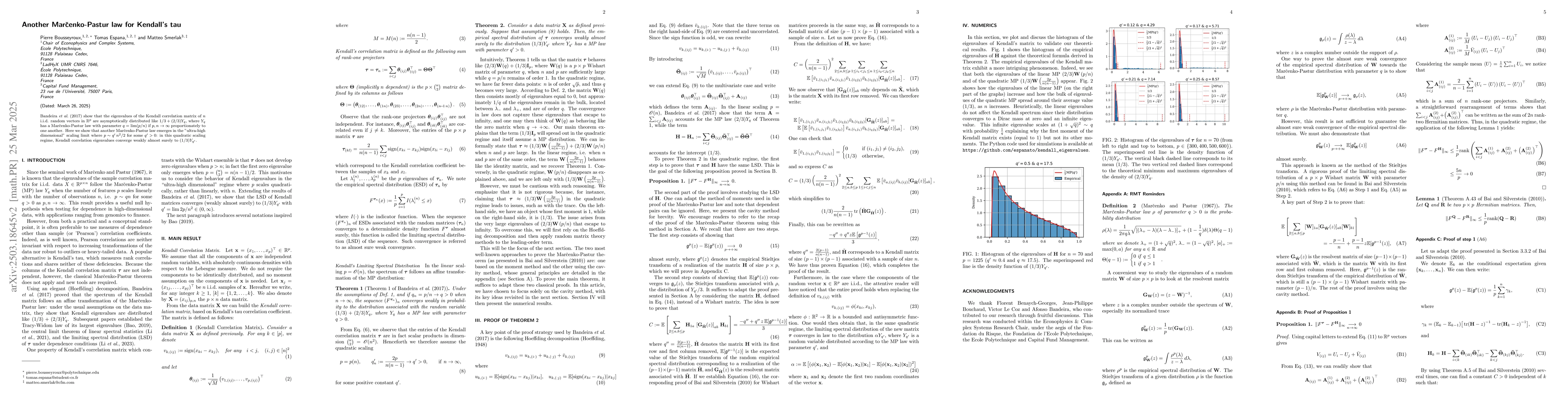 Thumbnail for Another Marčenko-Pastur law for Kendall's tau