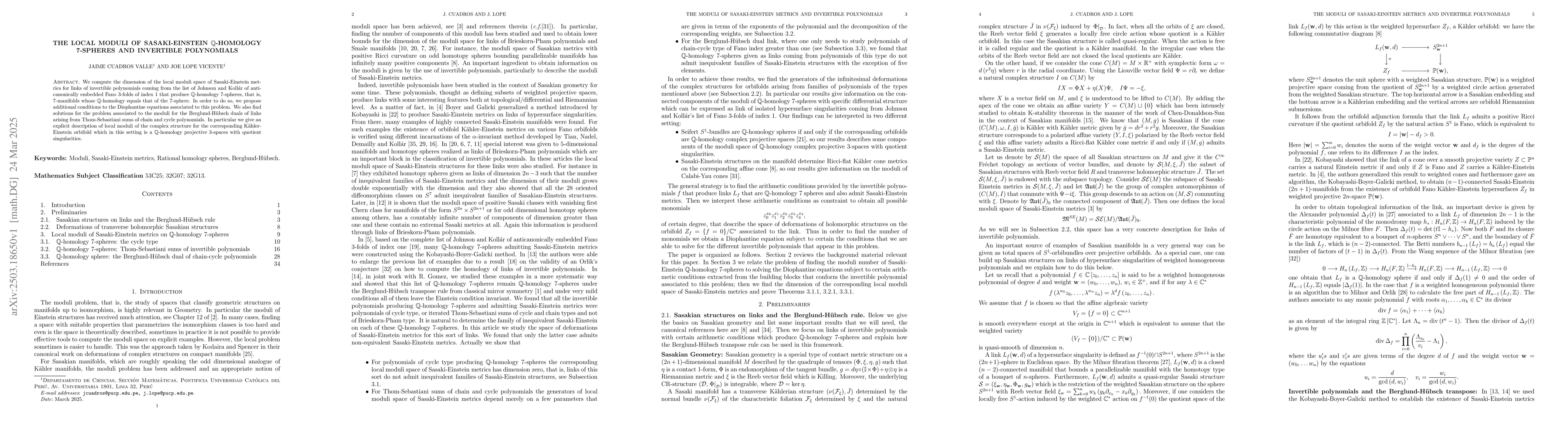 Thumbnail for The local moduli of Sasaki-Einstein rational homology 7-spheres and
  invertible polynomials