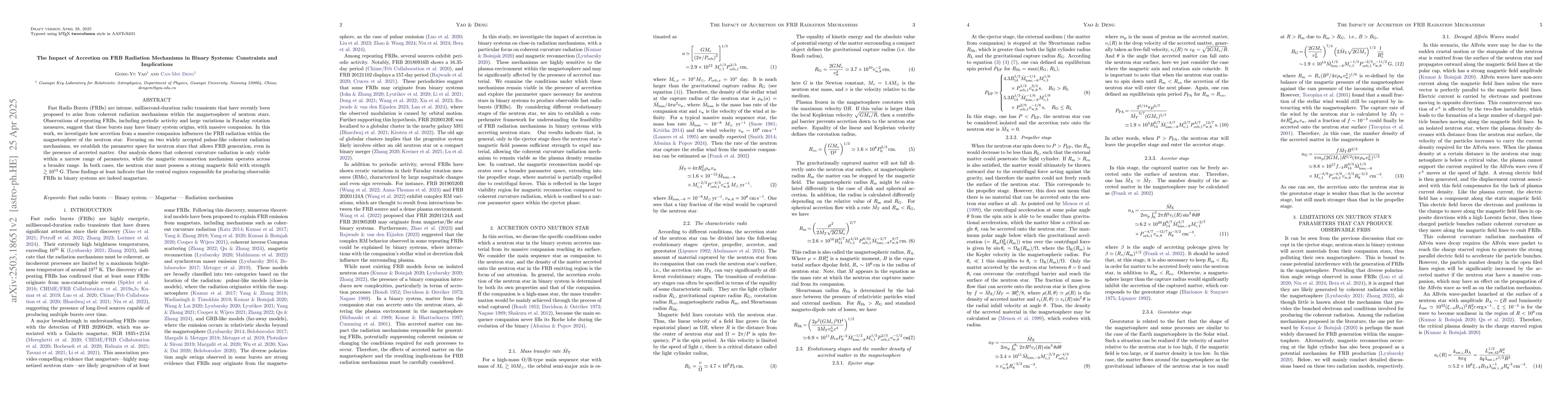 Thumbnail for The Impact of Accretion on FRB Radiation Mechanisms in Binary Systems:
  Constraints and Implications