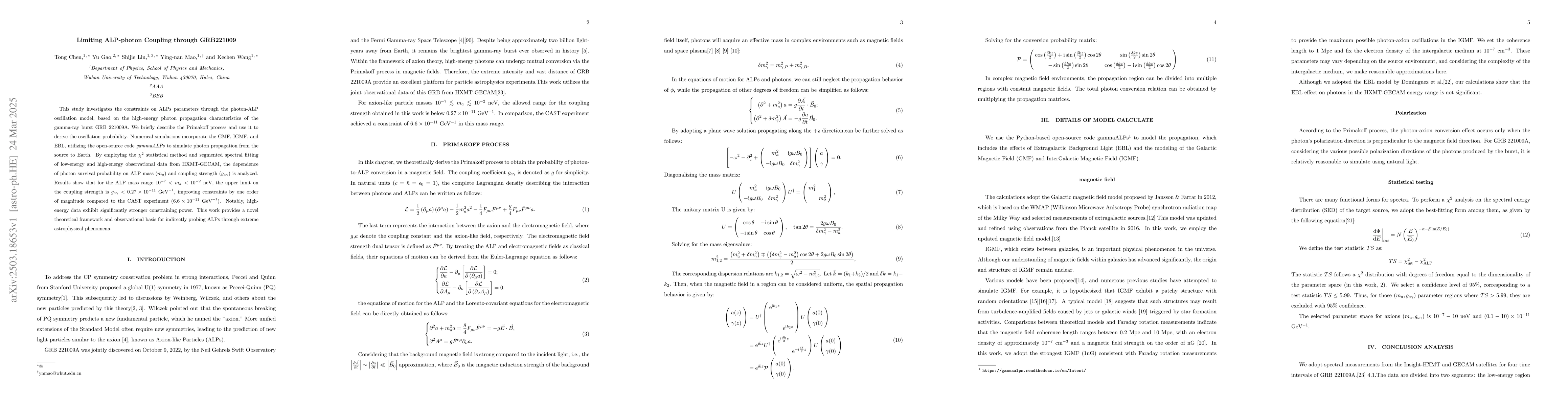 Thumbnail for Limiting on ALP-photon Coupling through GRB221009A