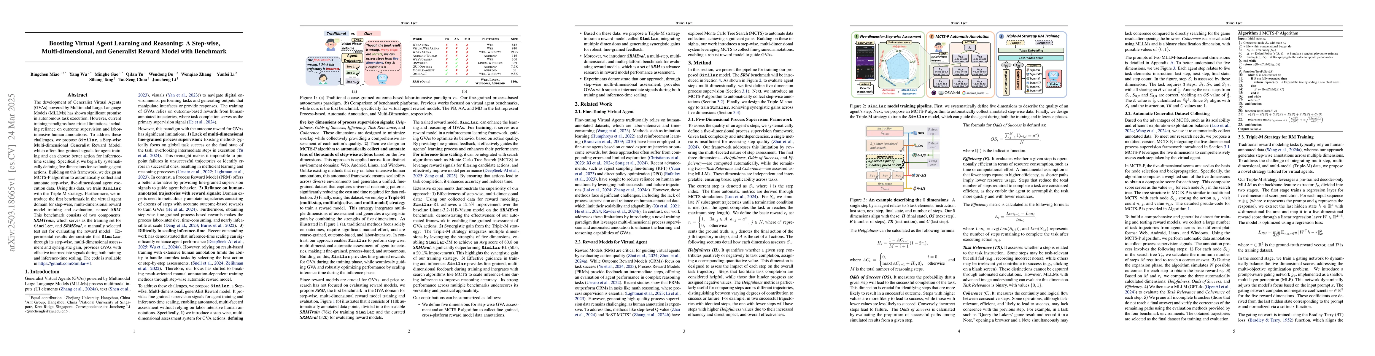 Thumbnail for Boosting Virtual Agent Learning and Reasoning: A Step-wise,
  Multi-dimensional, and Generalist Reward Model with Benchmark
