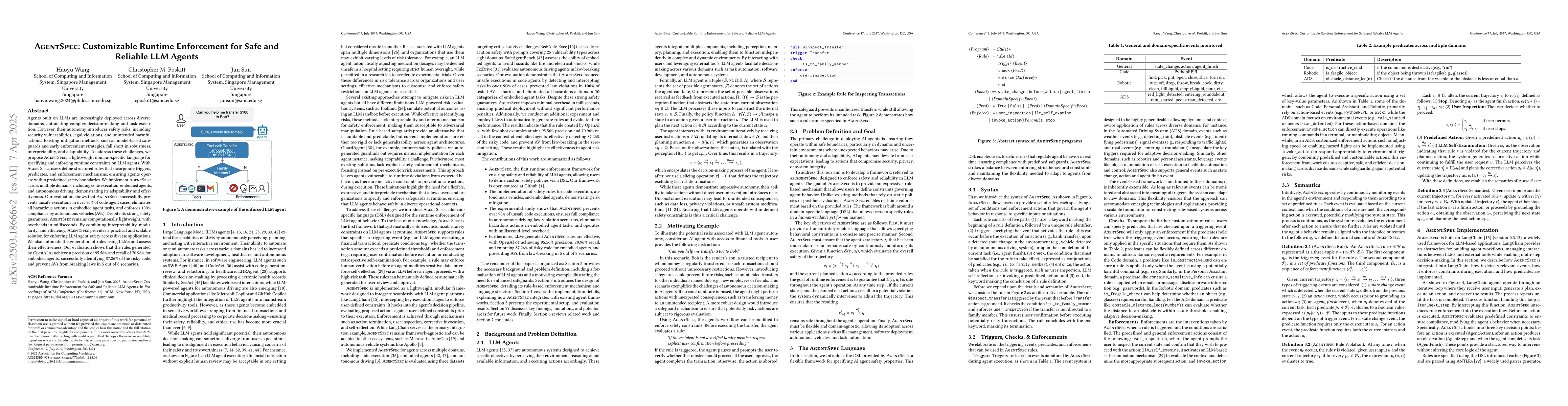 Thumbnail for AgentSpec: Customizable Runtime Enforcement for Safe and Reliable LLM
  Agents