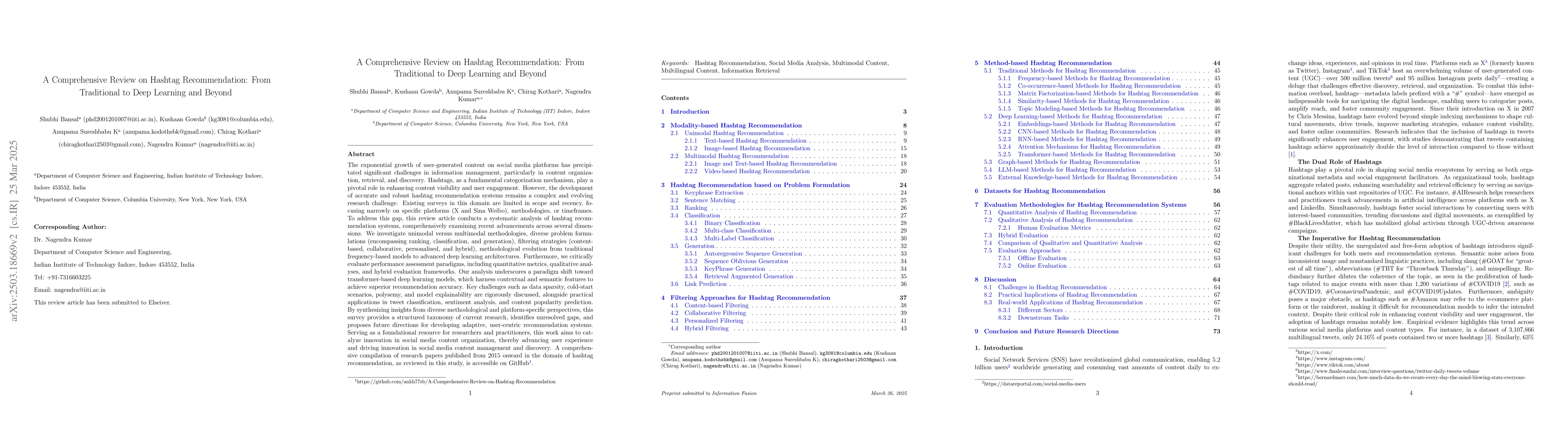 Thumbnail for A Comprehensive Review on Hashtag Recommendation: From Traditional to
  Deep Learning and Beyond