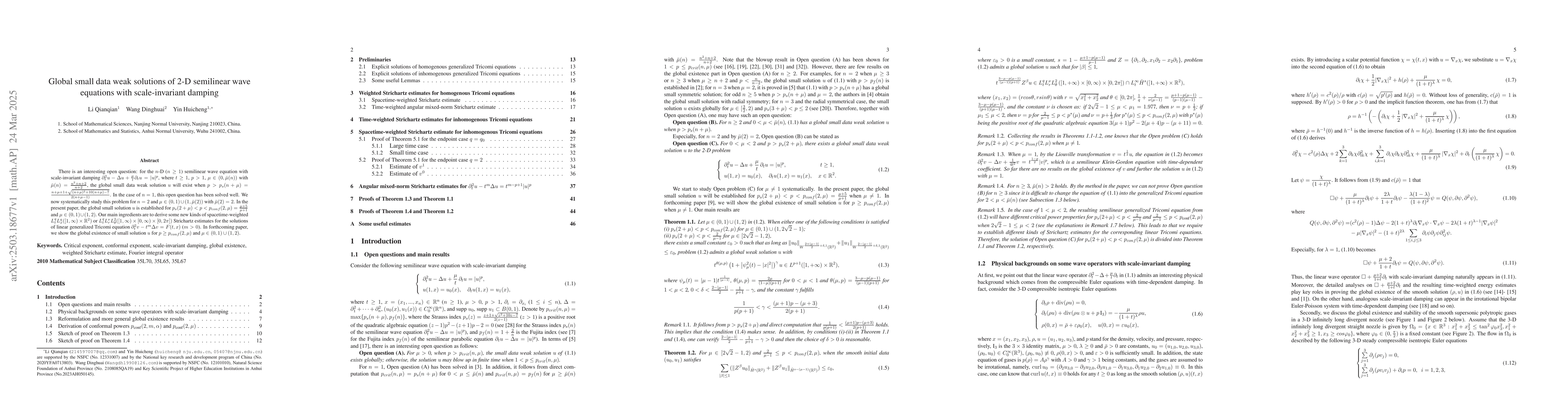 Thumbnail for Global small data weak solutions of 2-D semilinear wave equations with
  scale-invariant damping