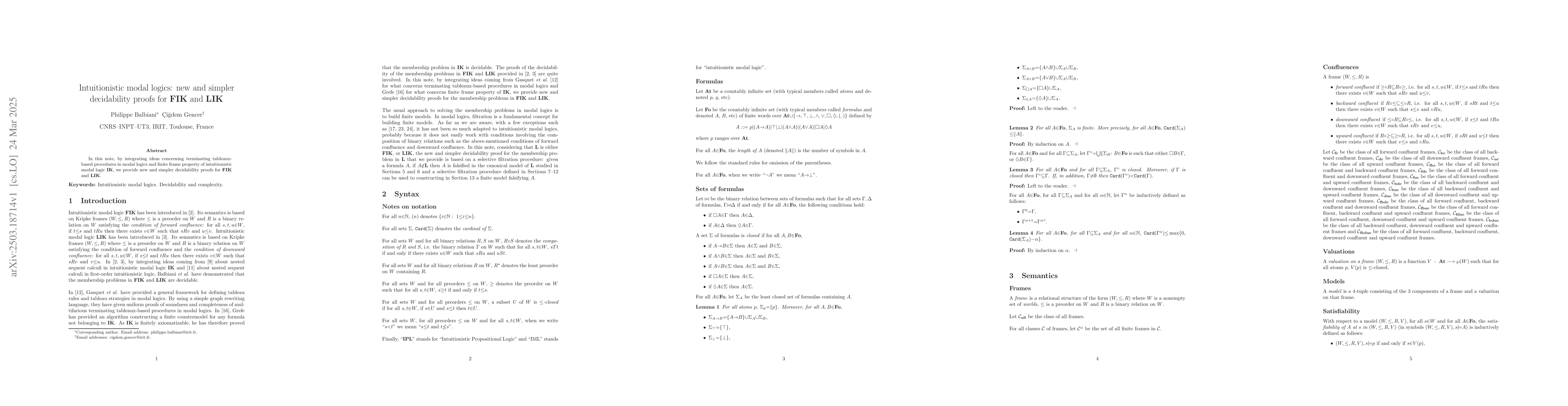 Thumbnail for Intuitionistic modal logics: new and simpler decidability proofs for FIK
  and LIK
