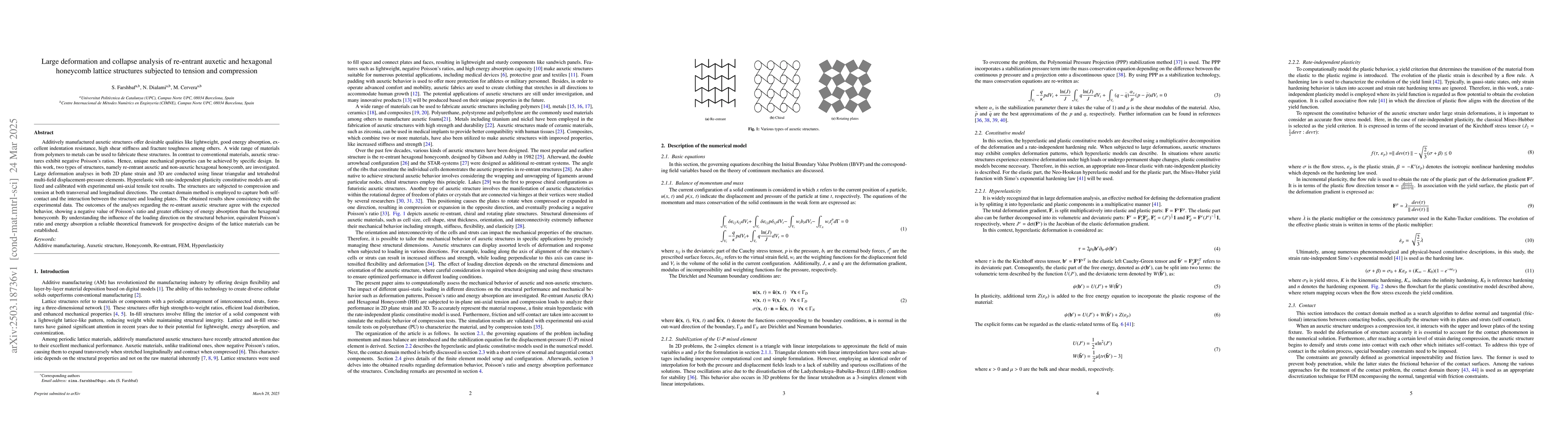 Thumbnail for Large deformation and collapse analysis of re-entrant auxetic and
  hexagonal honeycomb lattice structures subjected to tension and compression