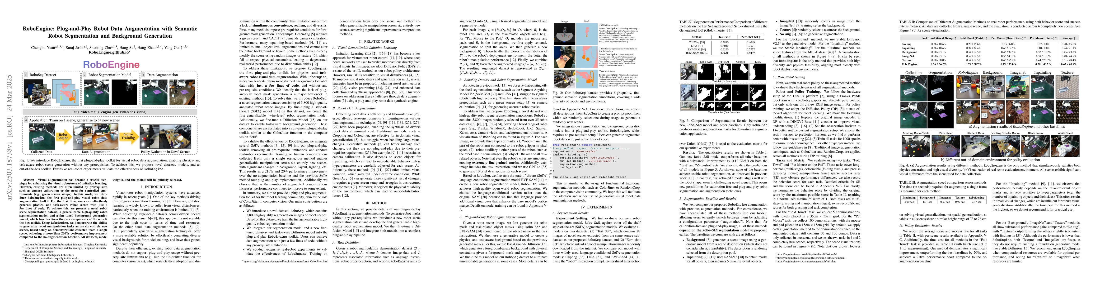 Thumbnail for RoboEngine: Plug-and-Play Robot Data Augmentation with Semantic Robot
  Segmentation and Background Generation