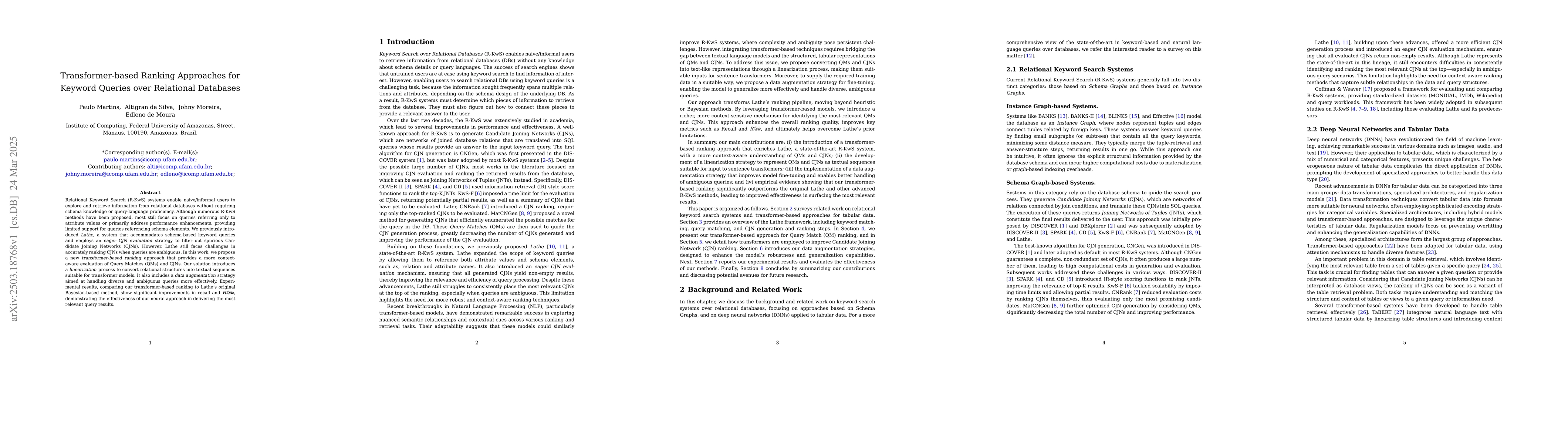 Thumbnail for Transformer-based Ranking Approaches for Keyword Queries over Relational
  Databases