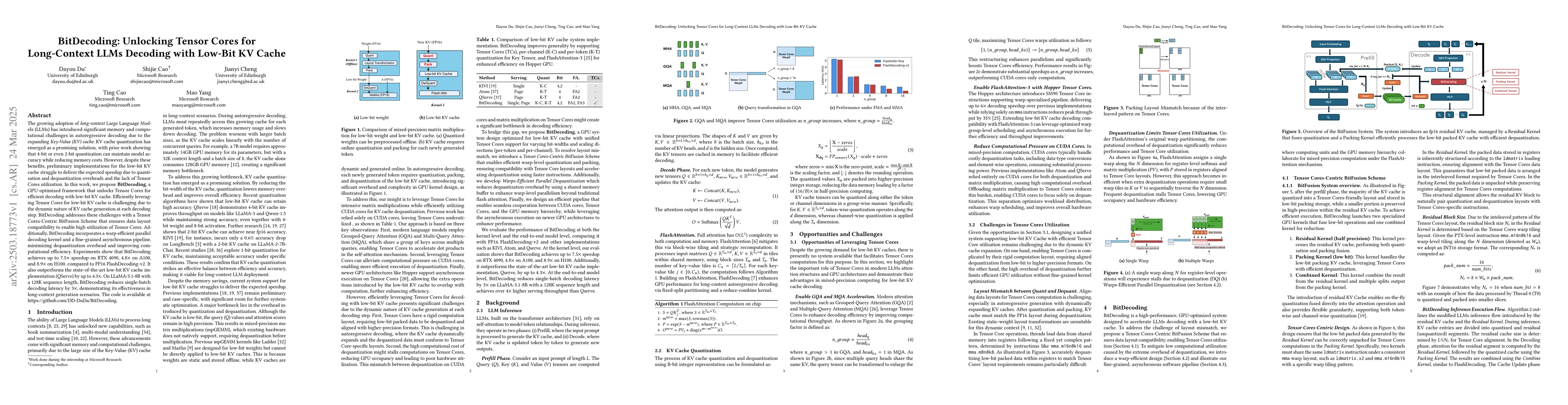 Thumbnail for BitDecoding: Unlocking Tensor Cores for Long-Context LLMs Decoding with
  Low-Bit KV Cache
