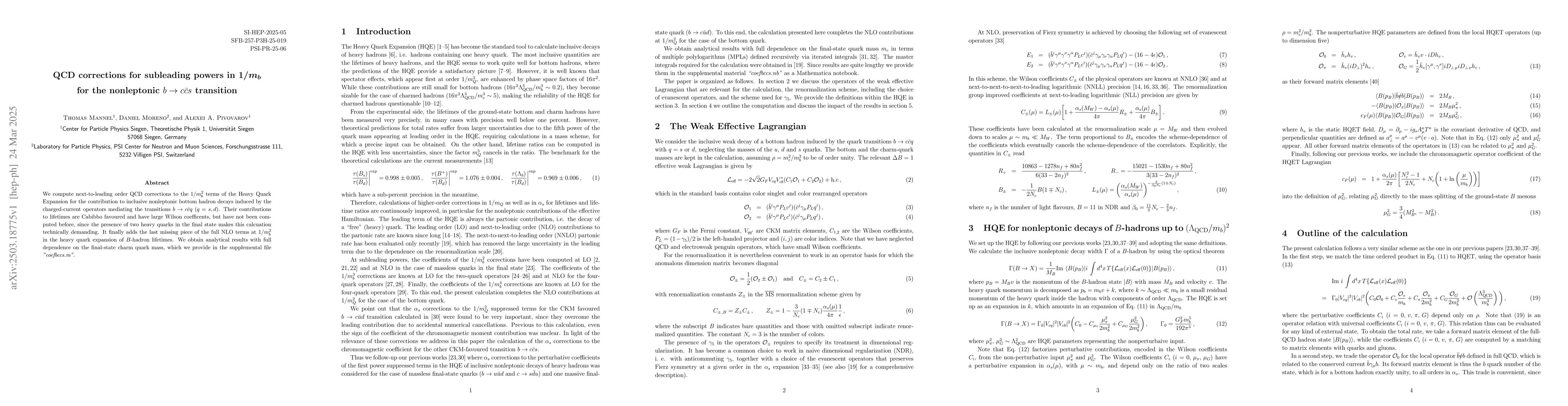 Thumbnail for QCD corrections for subleading powers in $1/m_b$ for the nonleptonic
  $b\rightarrow c\bar c s$ transition