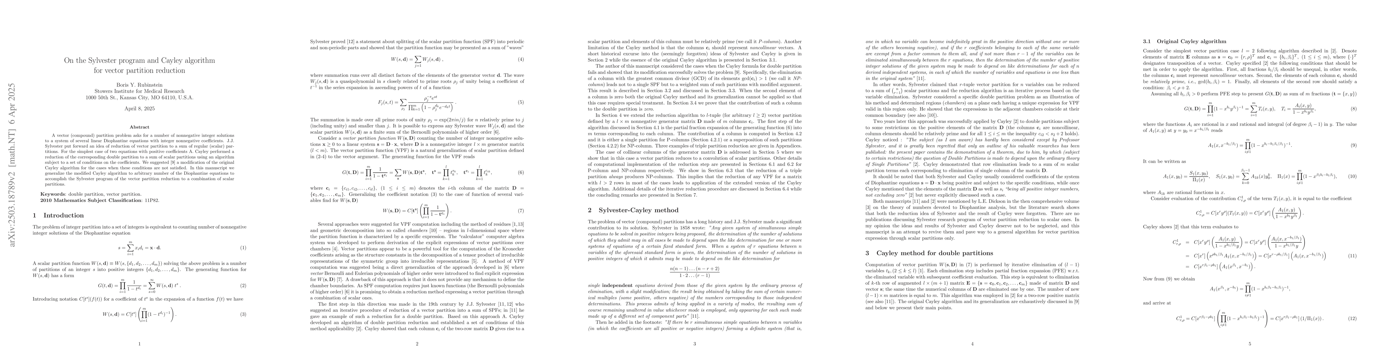 Thumbnail for On the Sylvester program and Cayley algorithm for vector partition
  reduction