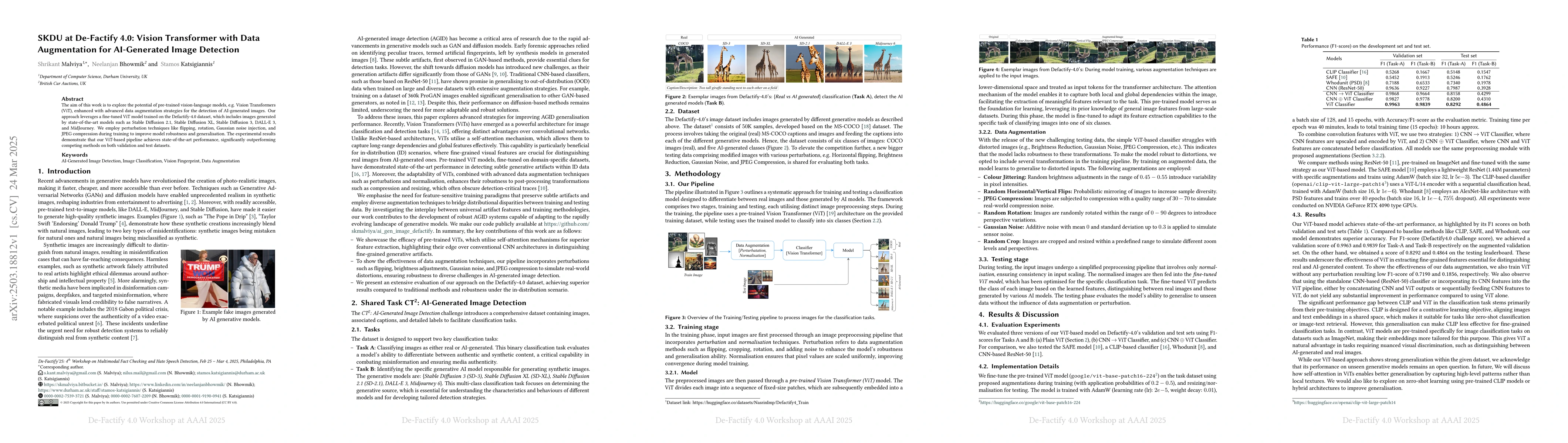 Thumbnail for SKDU at De-Factify 4.0: Vision Transformer with Data Augmentation for
  AI-Generated Image Detection